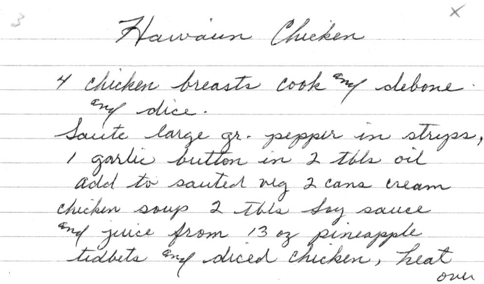 Hawaiian Chicken - handwritten side 1